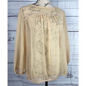Lily White Blouse Top Womens L Sheer Chiffon Lace Keyhole 3/4 Sleeves Layering